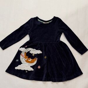 Mini Boden Navy Blue Velvet Dress with Moon, Bunny & Star Embroidery